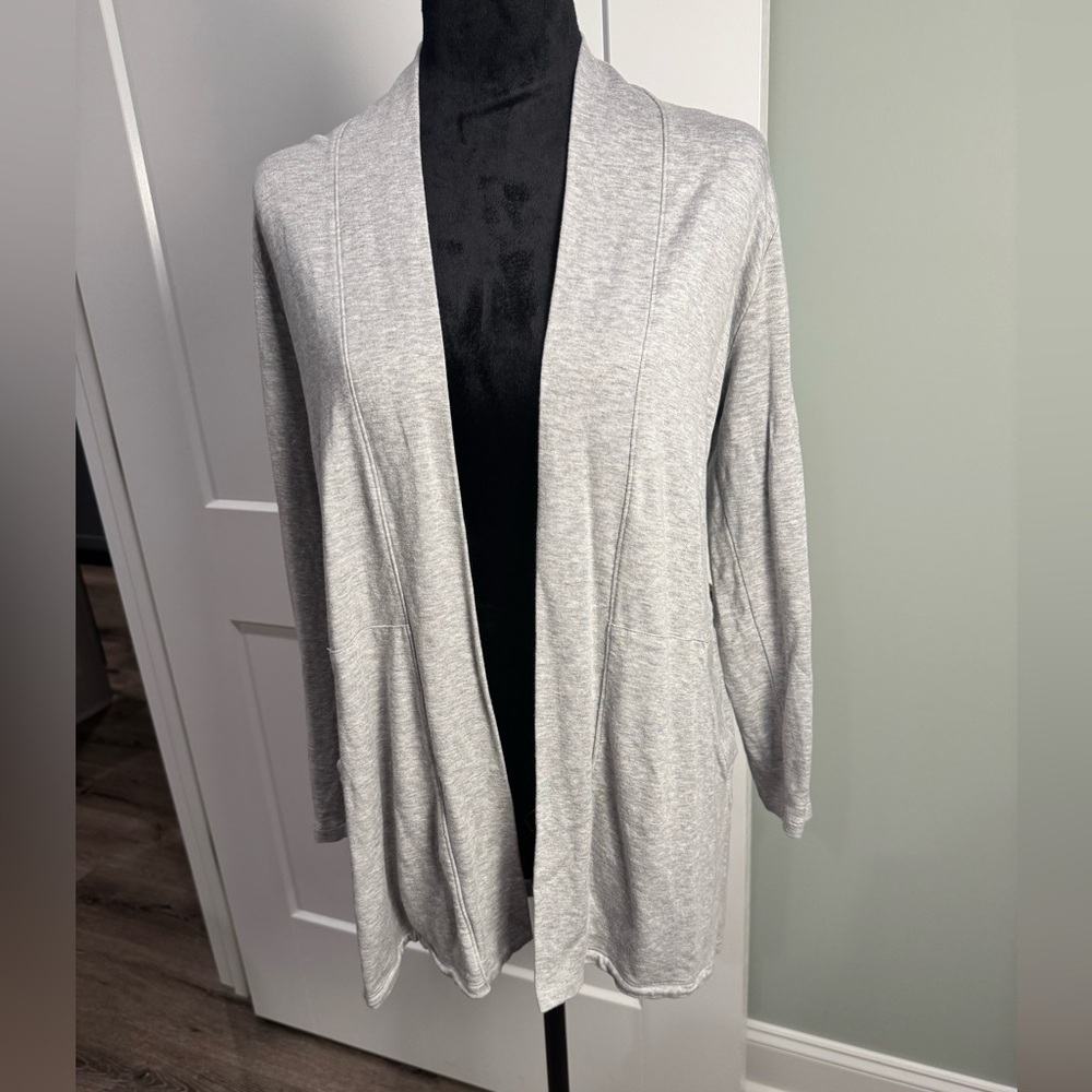 EILEEN FISHER Tencel Lyocell Long Jacket Cardigan Open front Pockets Gray